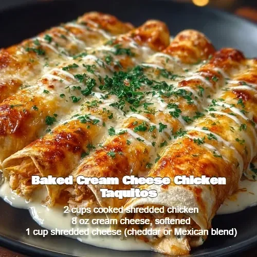 Baked Cream Cheese Chicken Taquitos served on a plate with dipping sauce