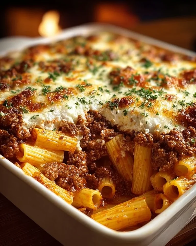 Delicious Baked Ziti with Ground Beef and Ricotta cheese in a casserole dish