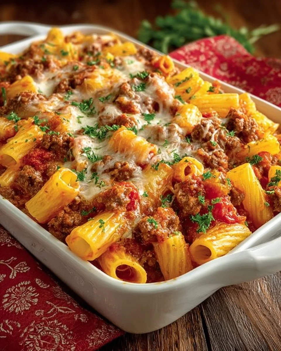 Delicious baked ziti with Italian sausage and melted cheese