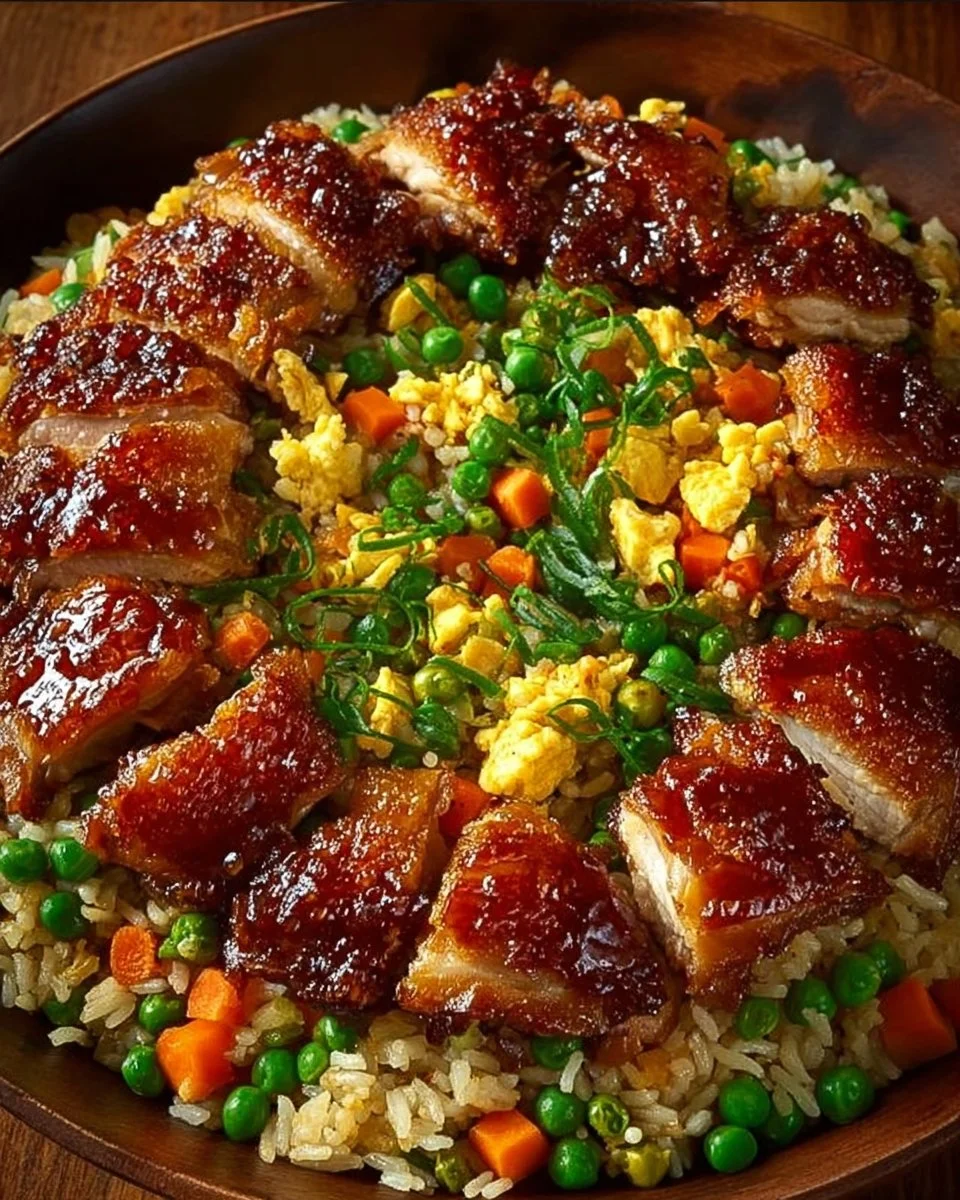 Plate of Bang Bang Chicken Fried Rice topped with green onions and sesame seeds