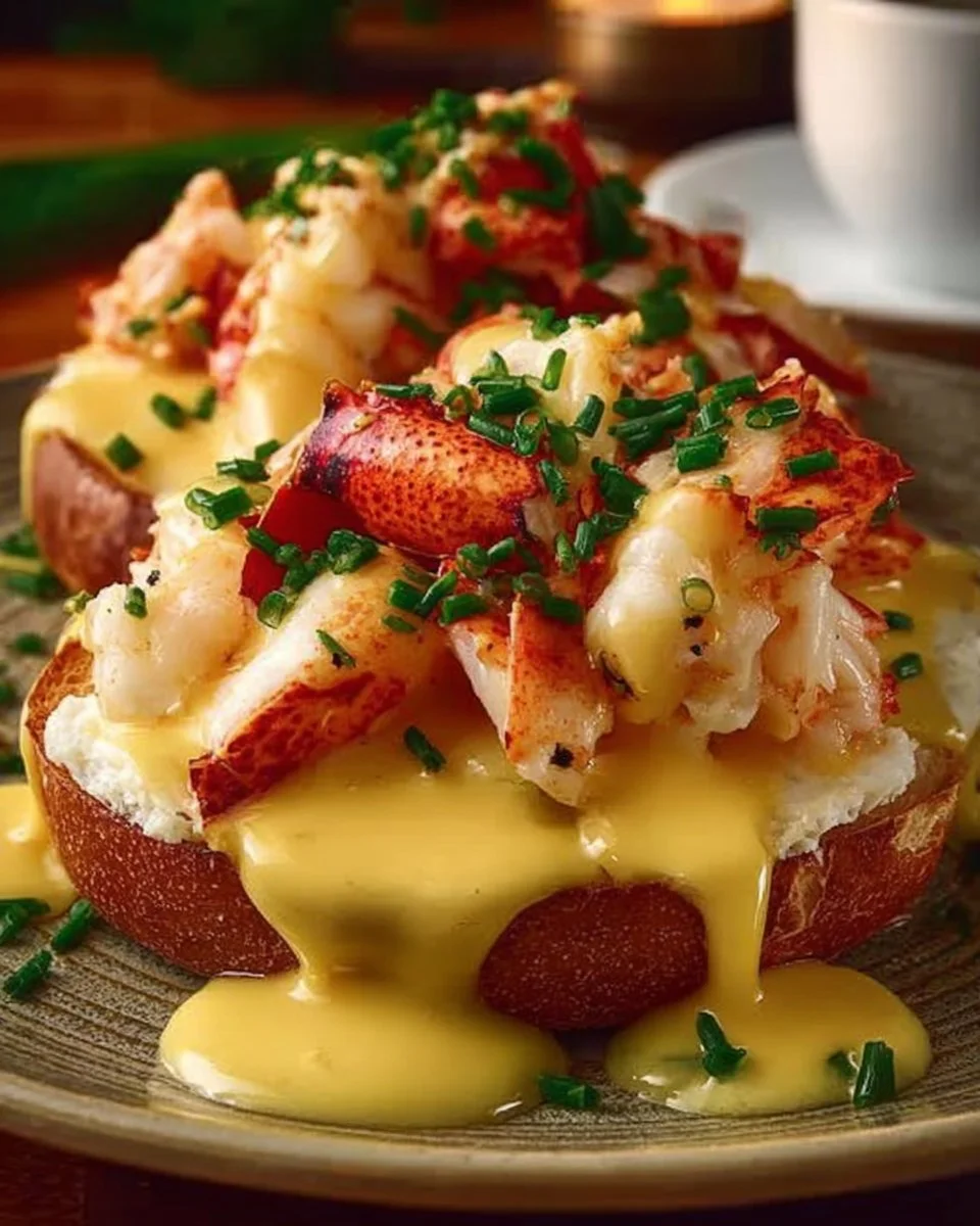 Delicious Bay Lobster Eggs Benedict served on a plate with garnishes