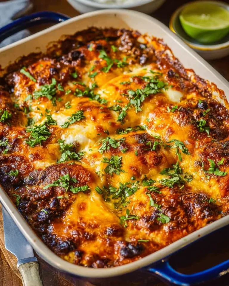 Delicious Beef Enchilada Casserole served on a plate with toppings