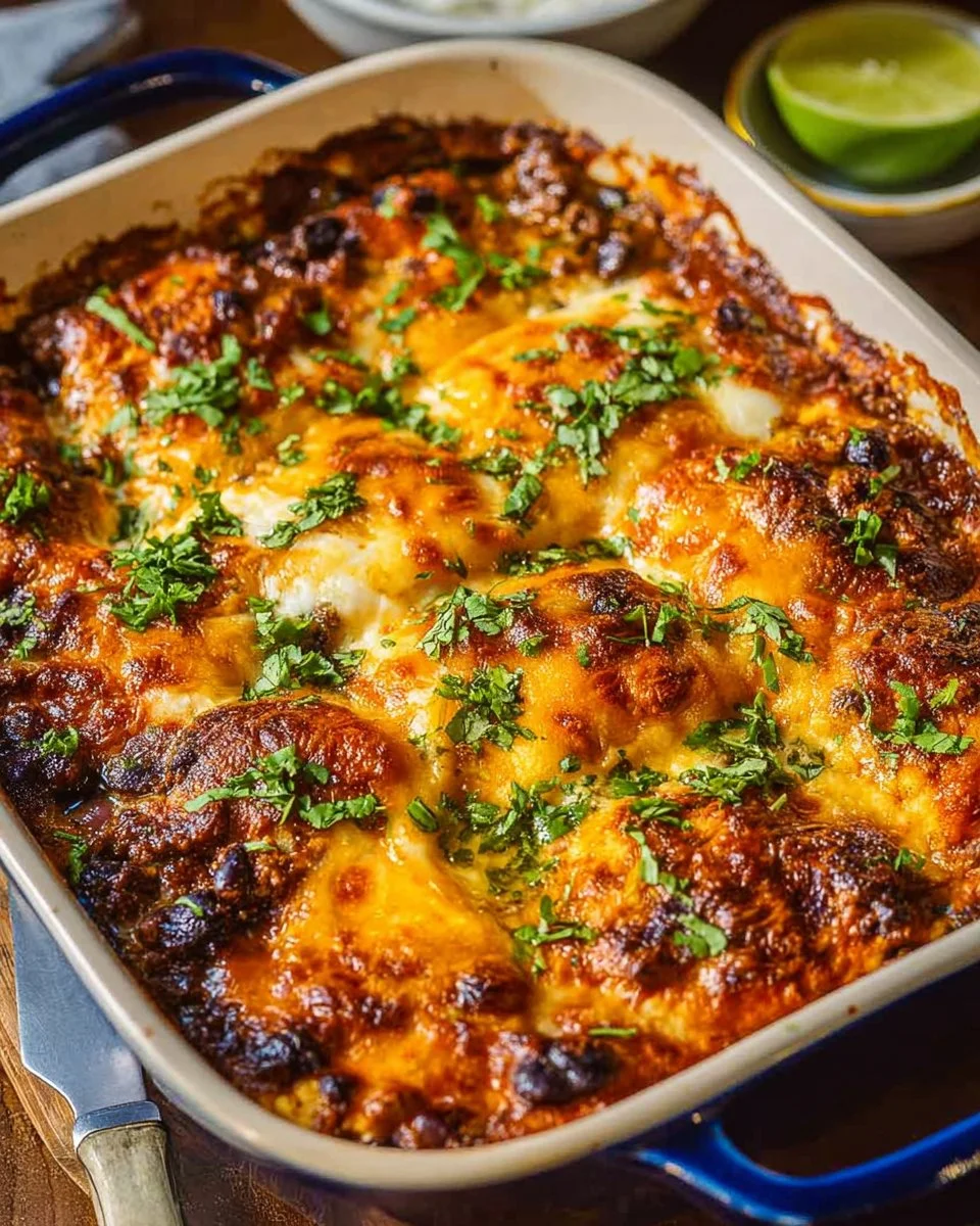 Delicious Beef Enchilada Casserole served on a plate with toppings
