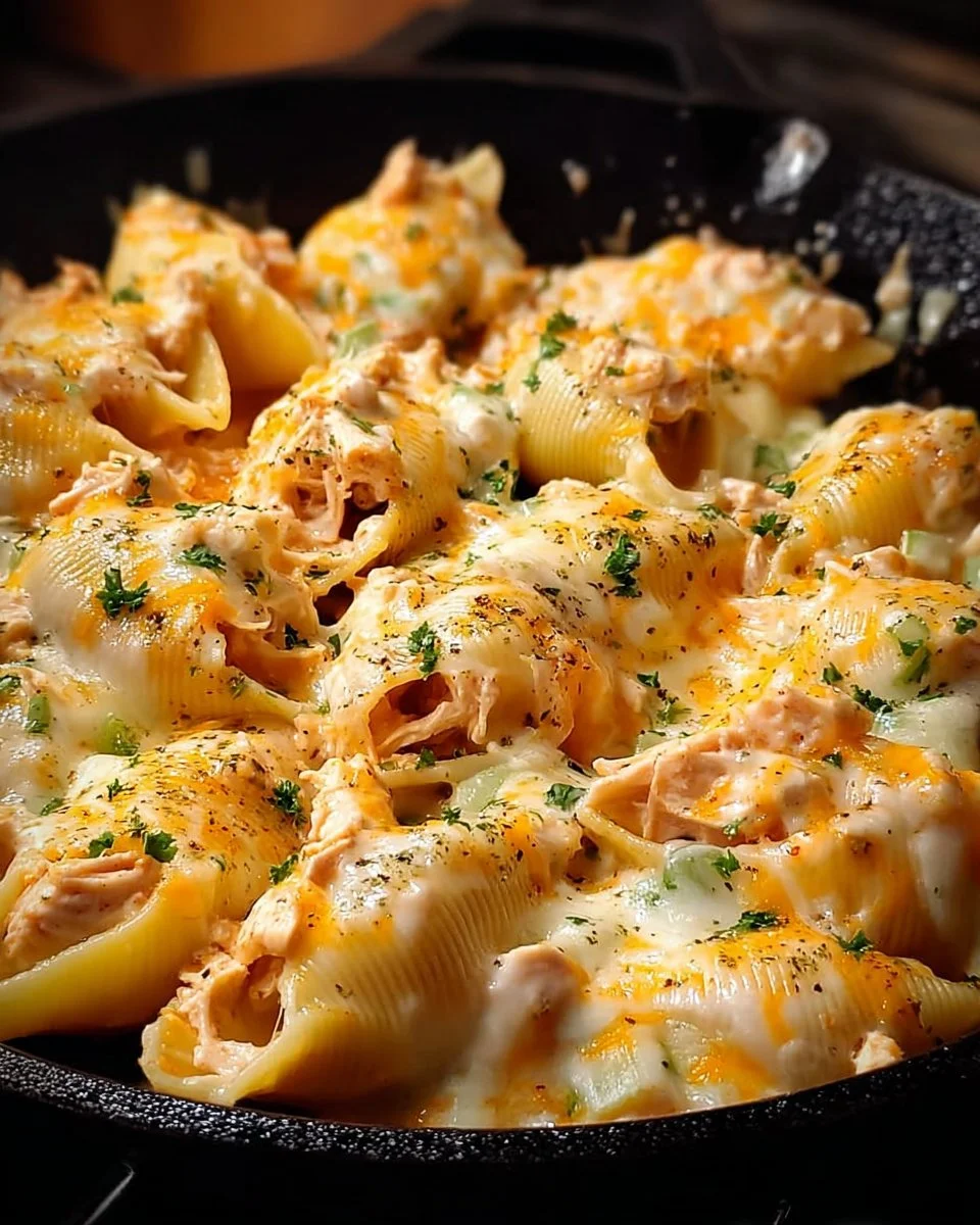 Buffalo Chicken Stuffed Shells topped with cheese and garnish