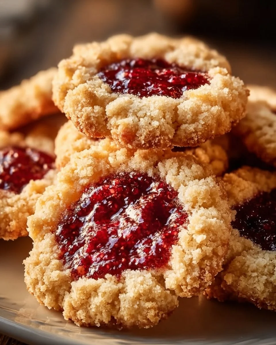 Freshly baked buttery raspberry crumble cookies on a cooling rack