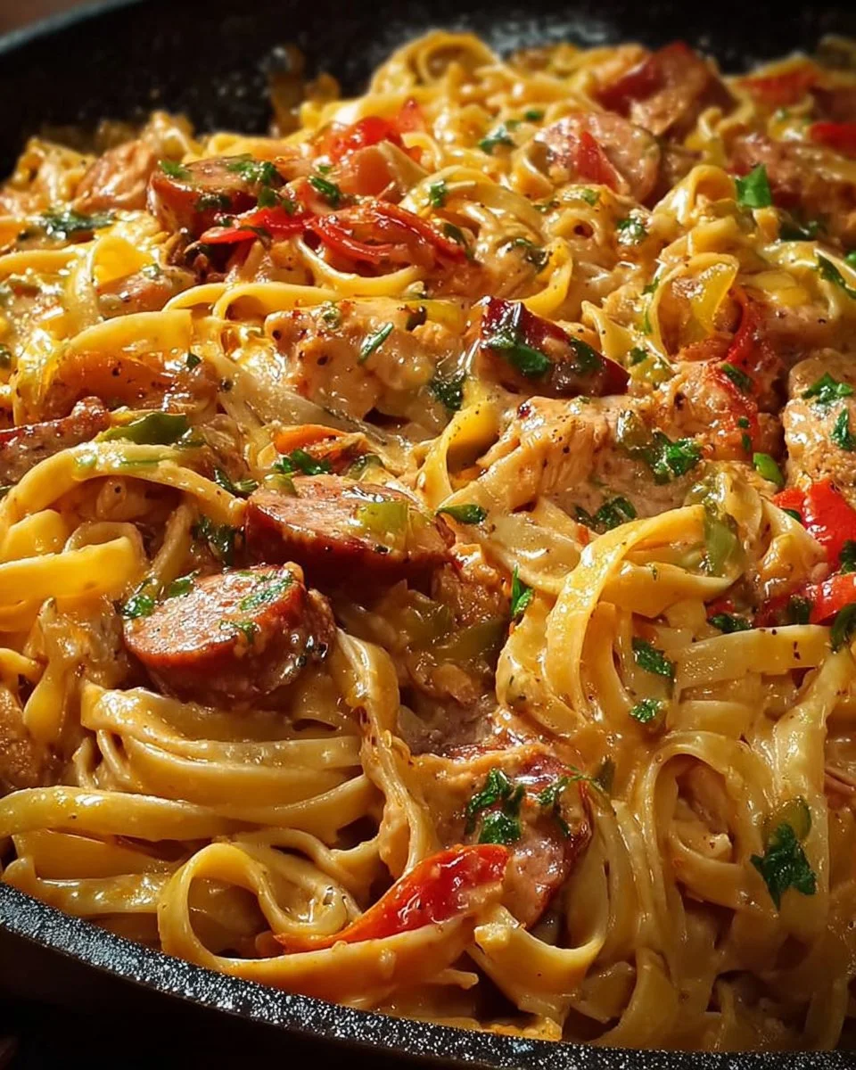 Delicious Cajun Chicken Pasta with creamy sauce and spices garnished with parsley