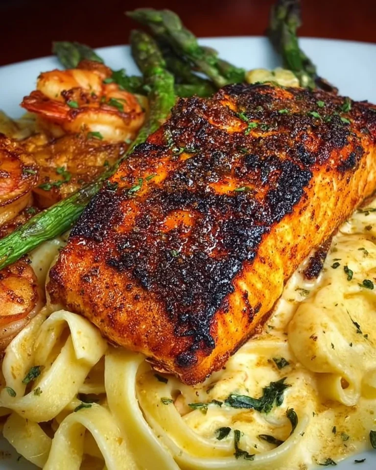 A plate of Cajun Salmon Fettuccine topped with herbs and spices.