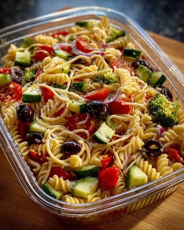Colorful California spaghetti salad with fresh vegetables and dressing.