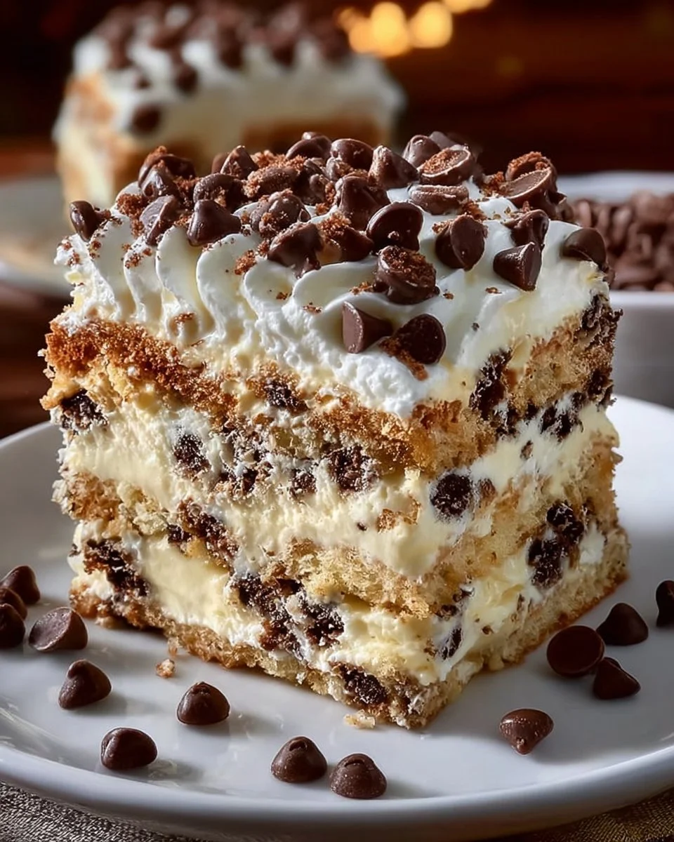 Delicious Cannoli Cake topped with creamy filling and chocolate chips