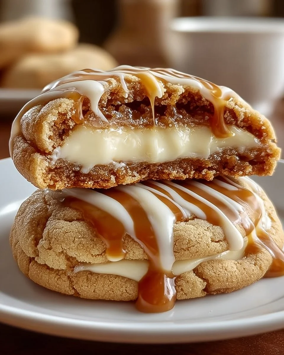 Delicious caramel cheesecake cookies with creamy caramel drizzle.