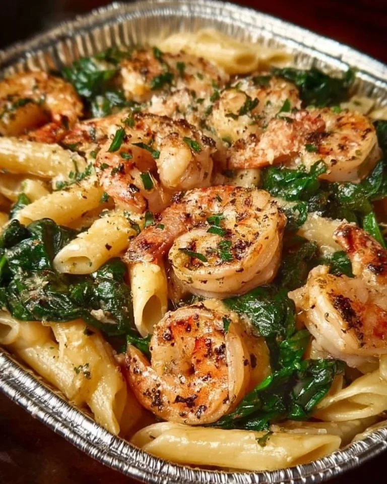 Delicious plate of Cheese Shrimp Penne Pasta with Spinach