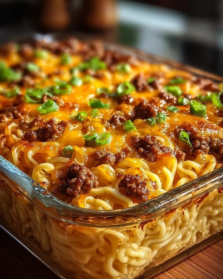 Cheeseburger Ramen Noodle Bake dish with melted cheese and toppings