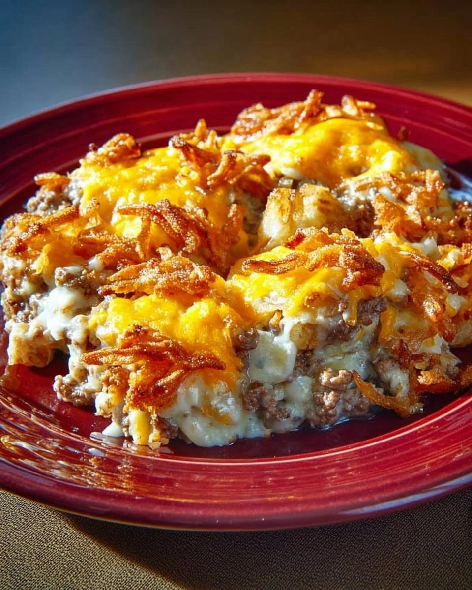 Cheesy beef ramen casserole served in a baking dish.