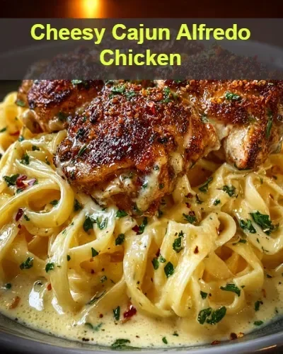 Cheesy Cajun Alfredo Chicken served with pasta and garnished with herbs
