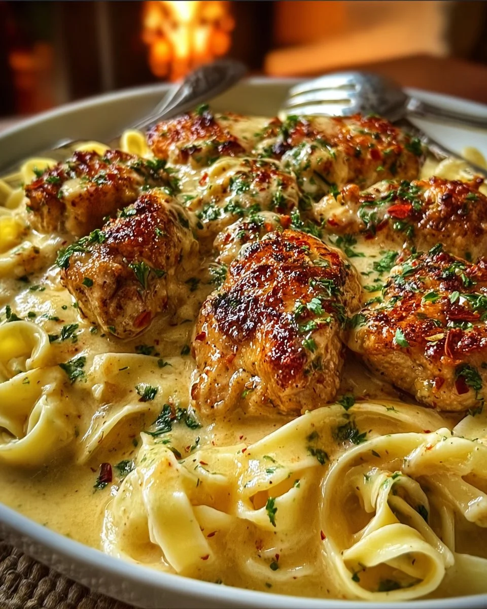 Cheesy Cajun Alfredo Chicken topped with herbs and spices in a bowl