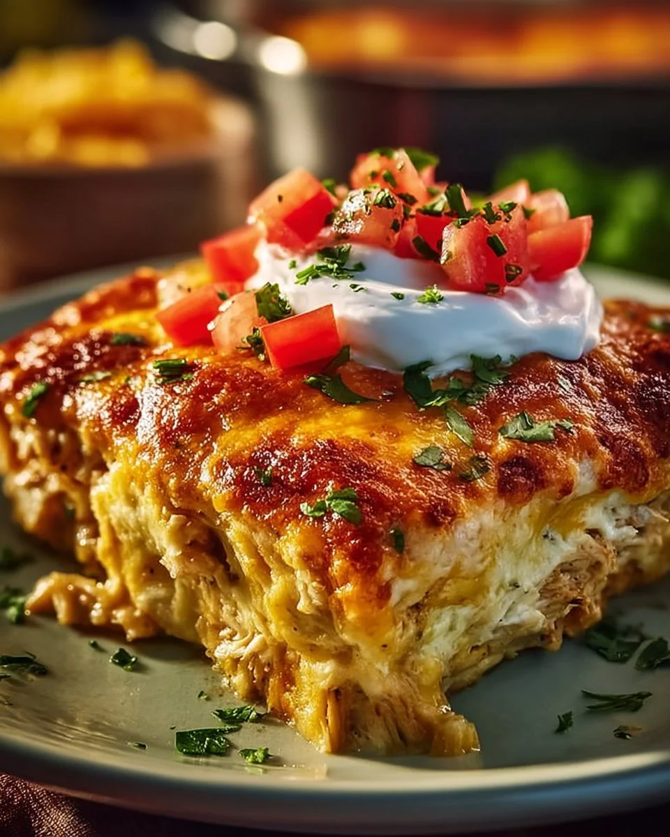 Cheesy chicken enchilada casserole topped with melted cheese and garnished