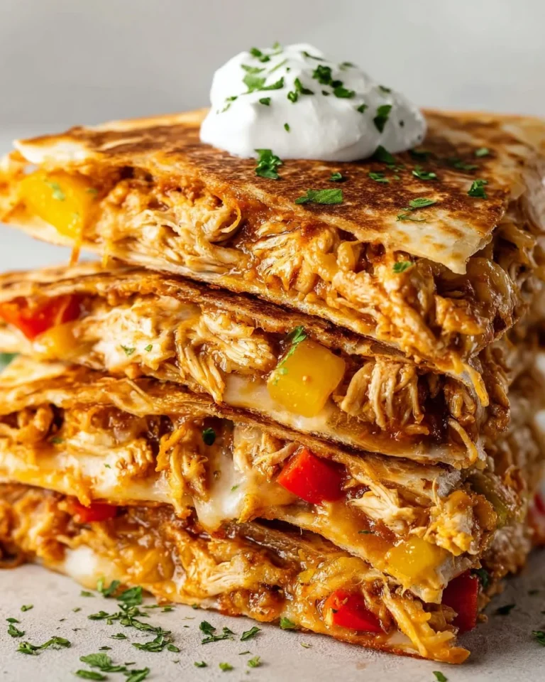 Delicious cheesy chicken quesadilla served with salsa and sour cream