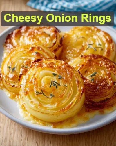 Delicious cheesy onion rings with crispy golden breading