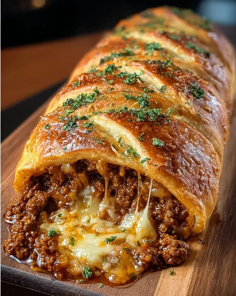Cheesy Sloppy Joe Stromboli with rich meat sauce and melted cheese