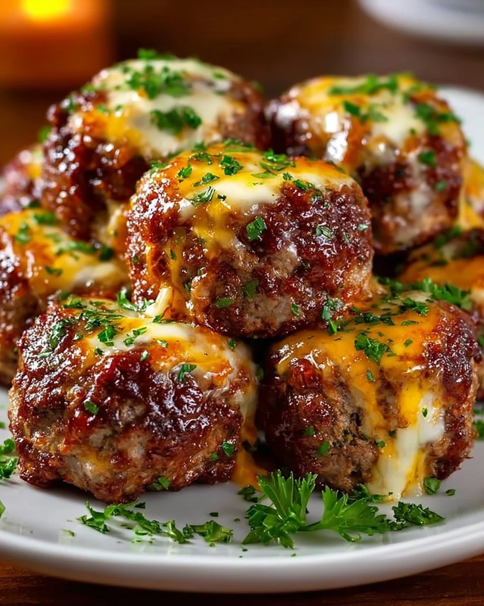 Cheesy stuffed meatloaf bites served on a plate with green garnish