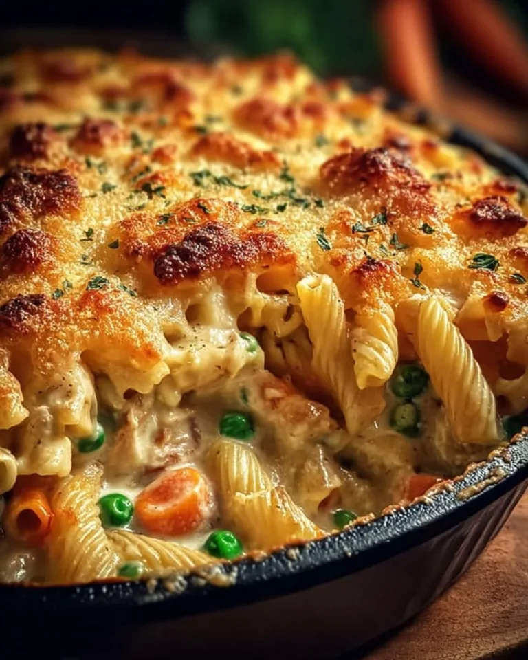 Delicious Chicken Pot Pie Pasta topped with creamy sauce and vegetables