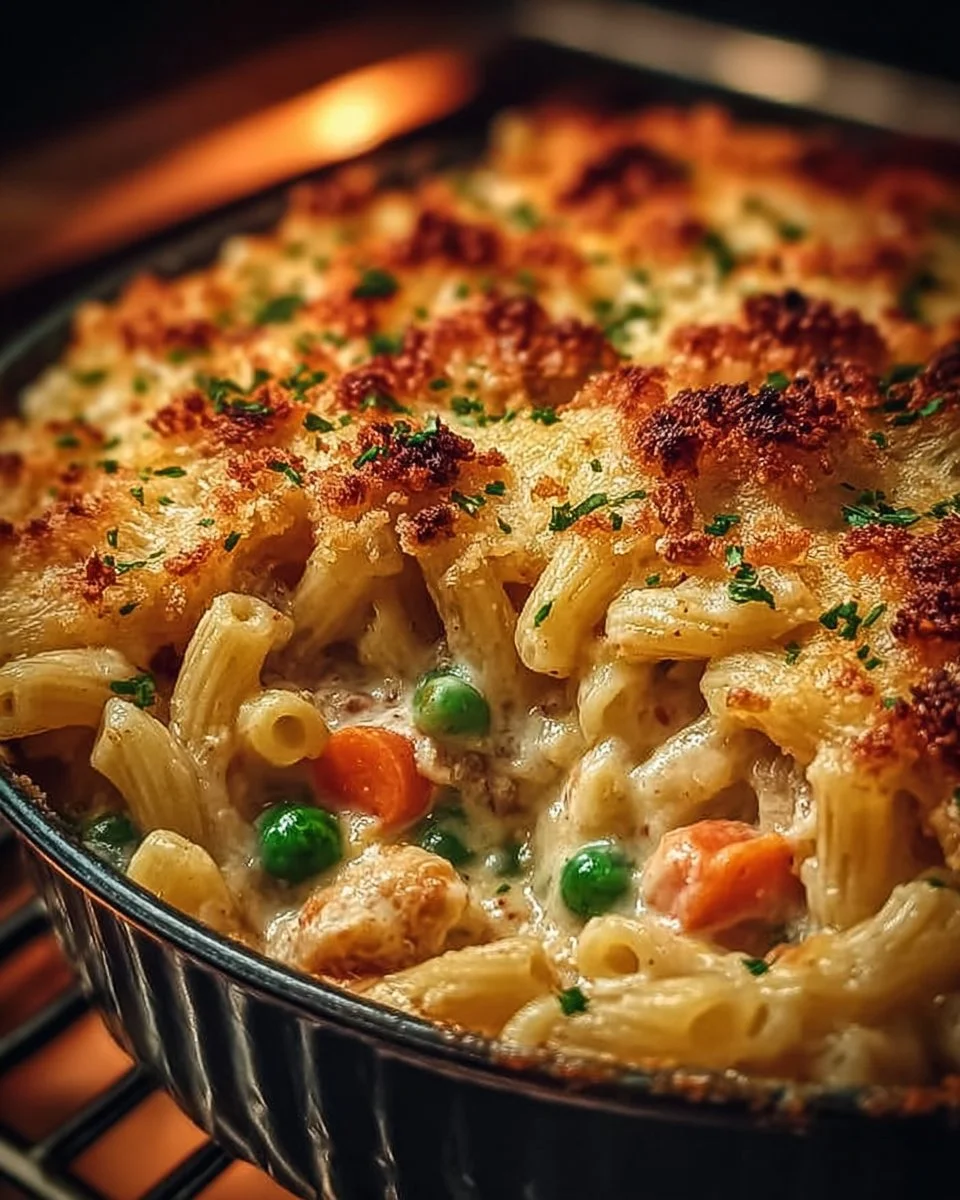 Delicious Chicken Pot Pie Pasta with creamy sauce and veggies