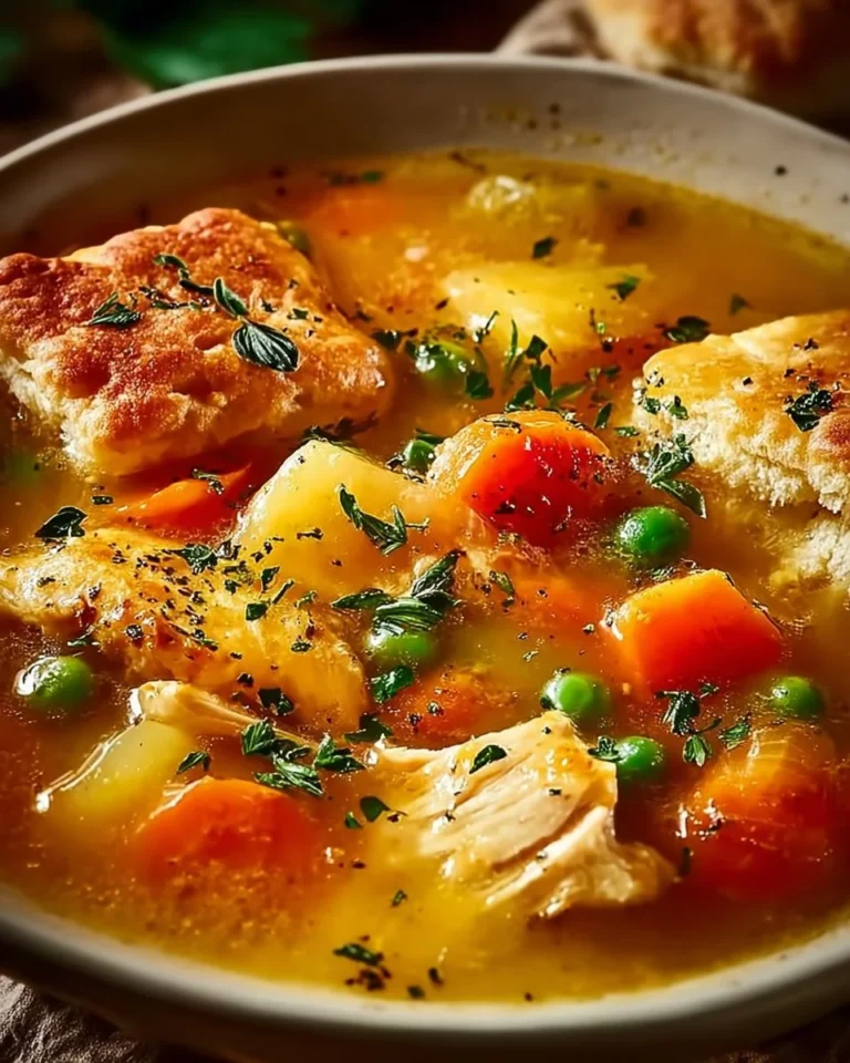 Delicious Chicken Pot Pie Soup garnished with herbs and served in a bowl.