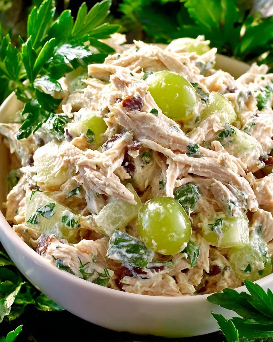 Chicken salad with grapes and walnuts in a bowl, garnished with fresh greens.