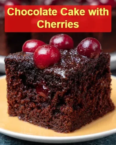 Delicious chocolate cake with fresh cherries on top