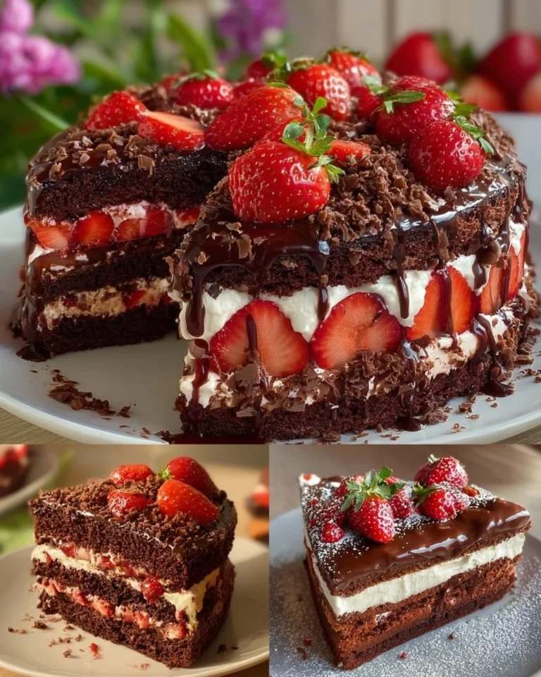 Delicious chocolate cake decorated with fresh strawberry toppings