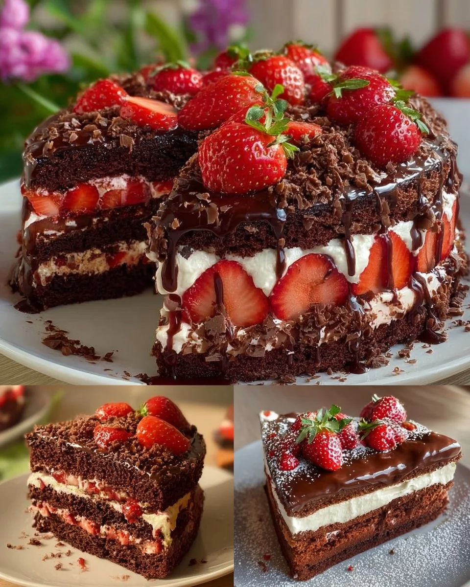 Delicious chocolate cake decorated with fresh strawberry toppings