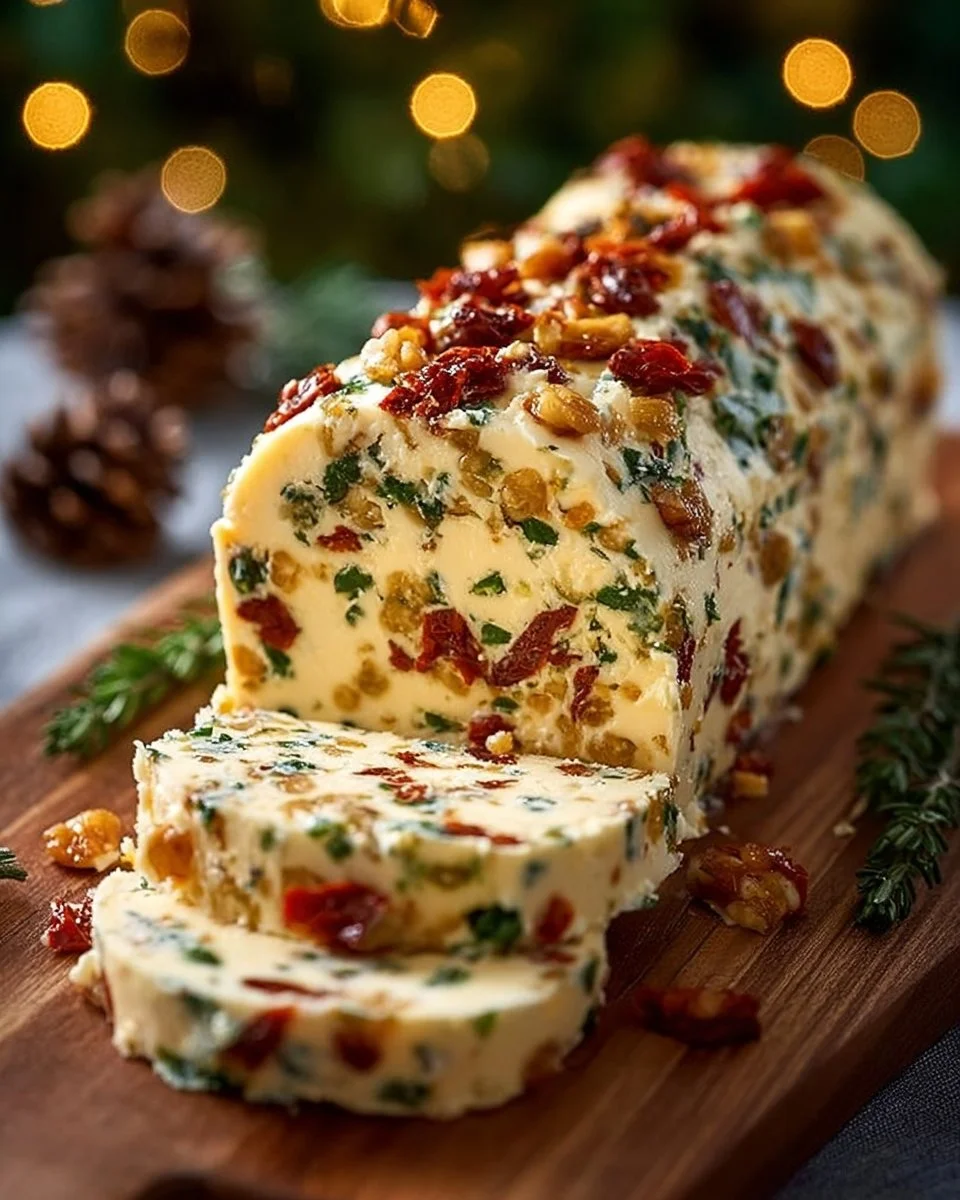 Christmas Italian Cheese Log appetizer made with various Italian cheeses.