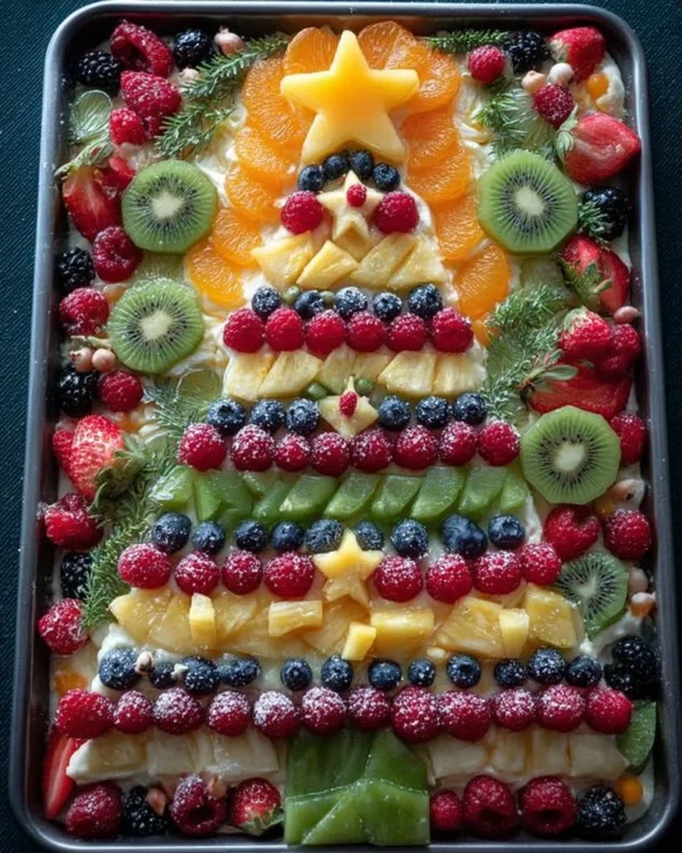 Christmas Tree dessert pizza topped with colorful candies and icing.