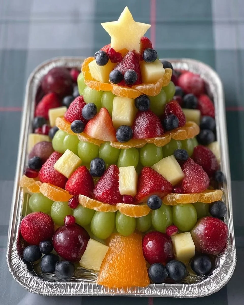 Colorful Christmas tree fruit platter featuring seasonal fruits arranged creatively.