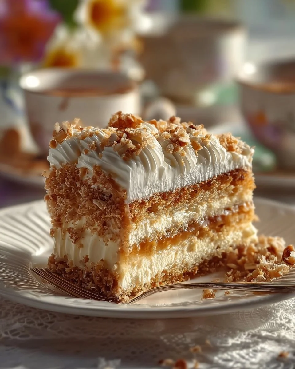 Ciasto Biała Dama z kokosem i twarogiem na talerzu