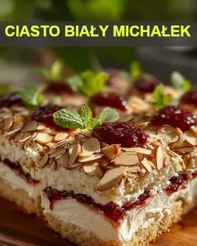 Ciasto Biały Michałek na talerzu, ozdobione kakaowym wkładem