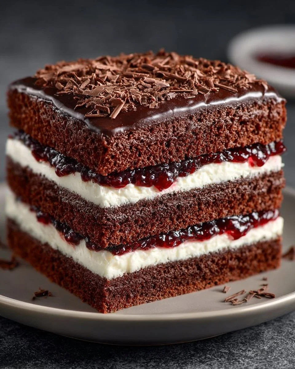 Ciasto czekoladowo-śliwkowe z kremem na talerzu, dekorowane świeżymi śliwkami.