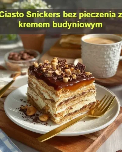 Ciasto Snickers bez pieczenia z kremem budyniowym na talerzu