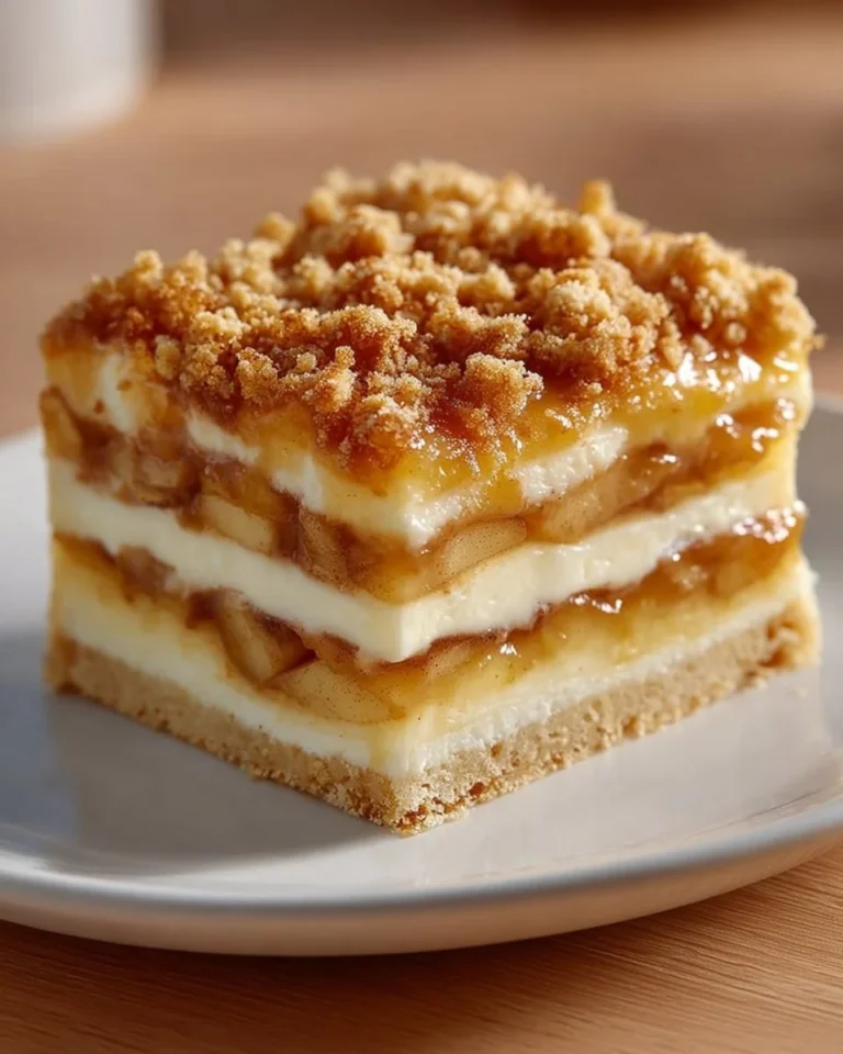 Ciasto z jabłkami, kremem i kruszonką na talerzu