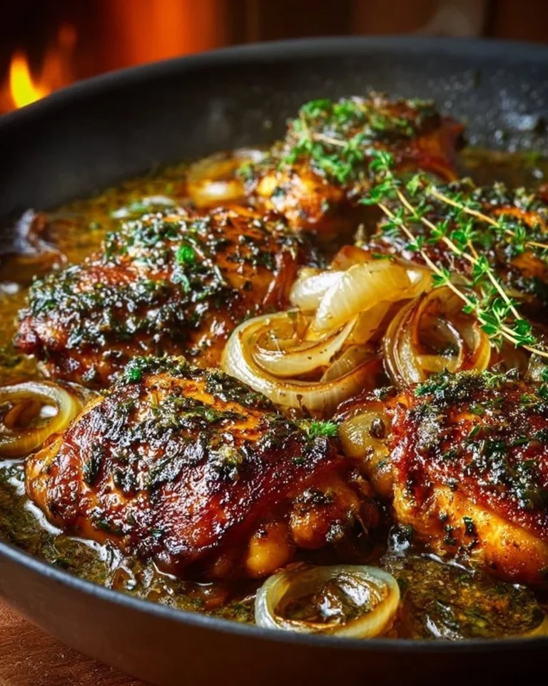 Plate of cider-braised chicken with caramelized onions and herbs