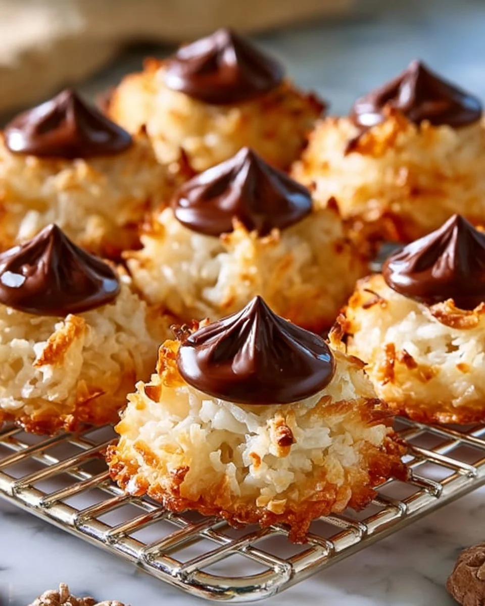Plate of golden brown Coconut Macaroon Blossoms garnished with coconut flakes.