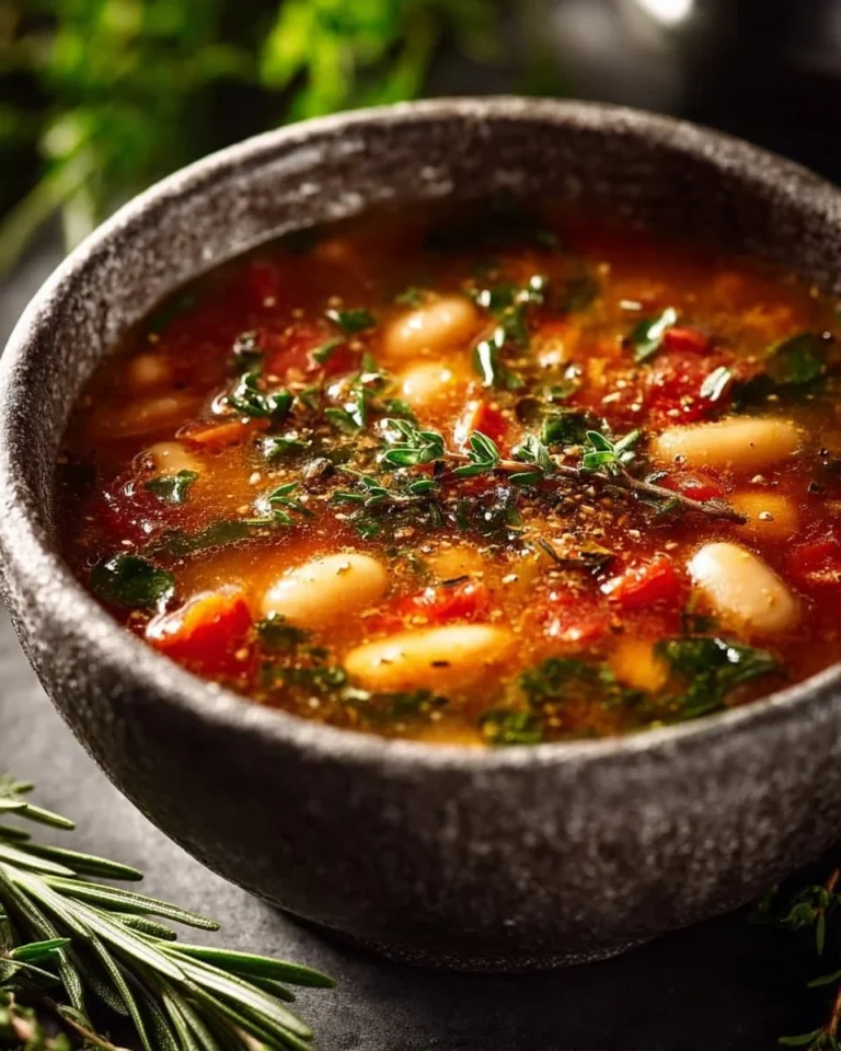 Bowl of Country-Style Tuscan Bean & Herb Soup garnished with fresh herbs