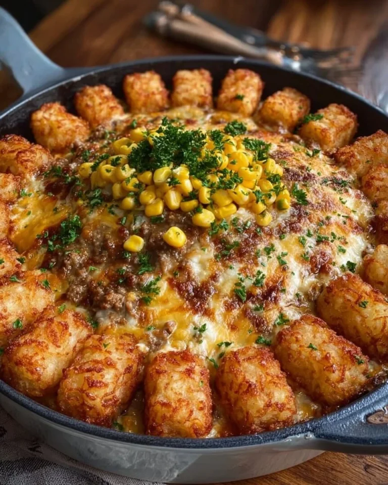 Delicious Cowboy Tater Tot Bake featuring crispy tater tots and savory ingredients.