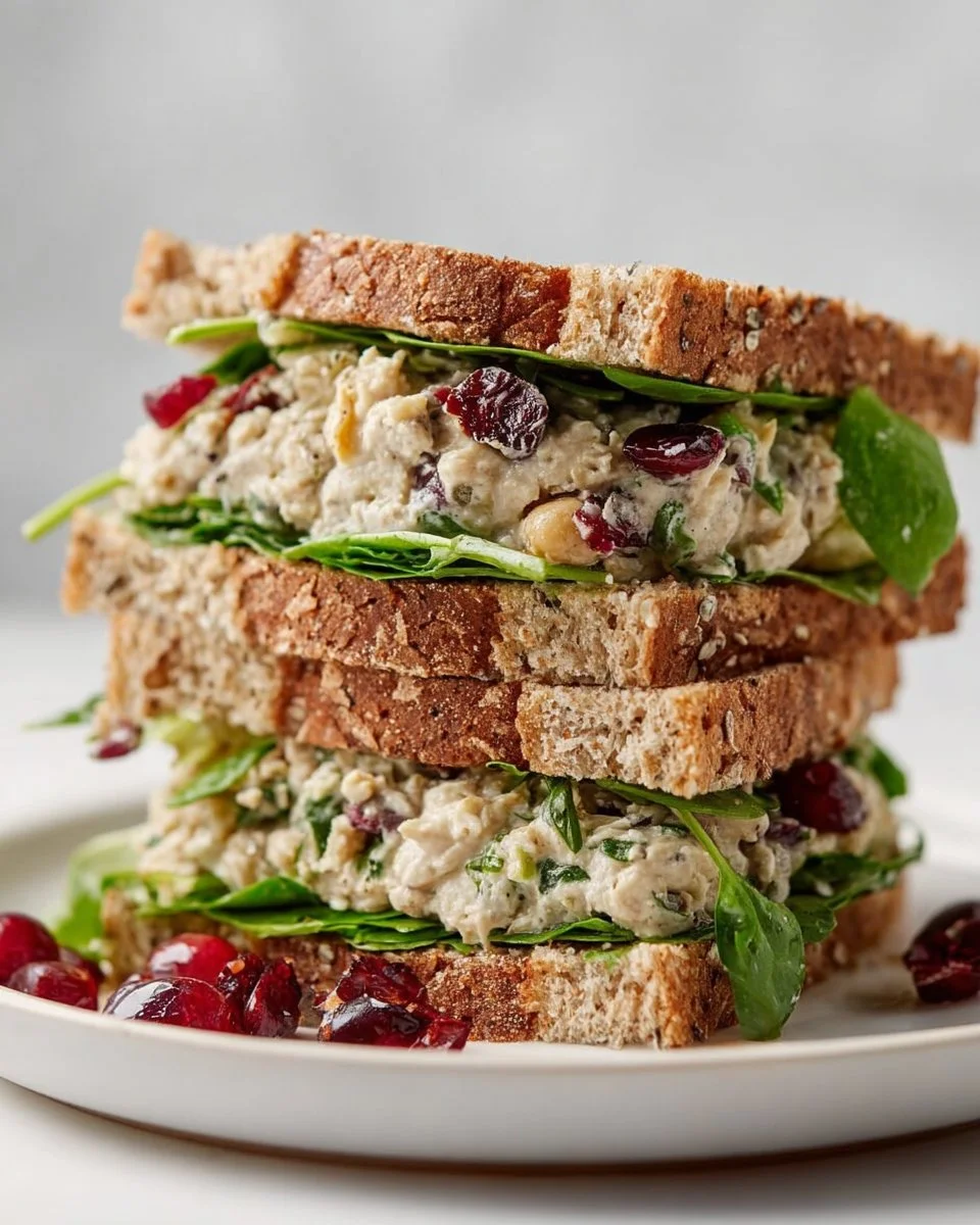 Cranberry walnut chicken salad with greens in a bowl