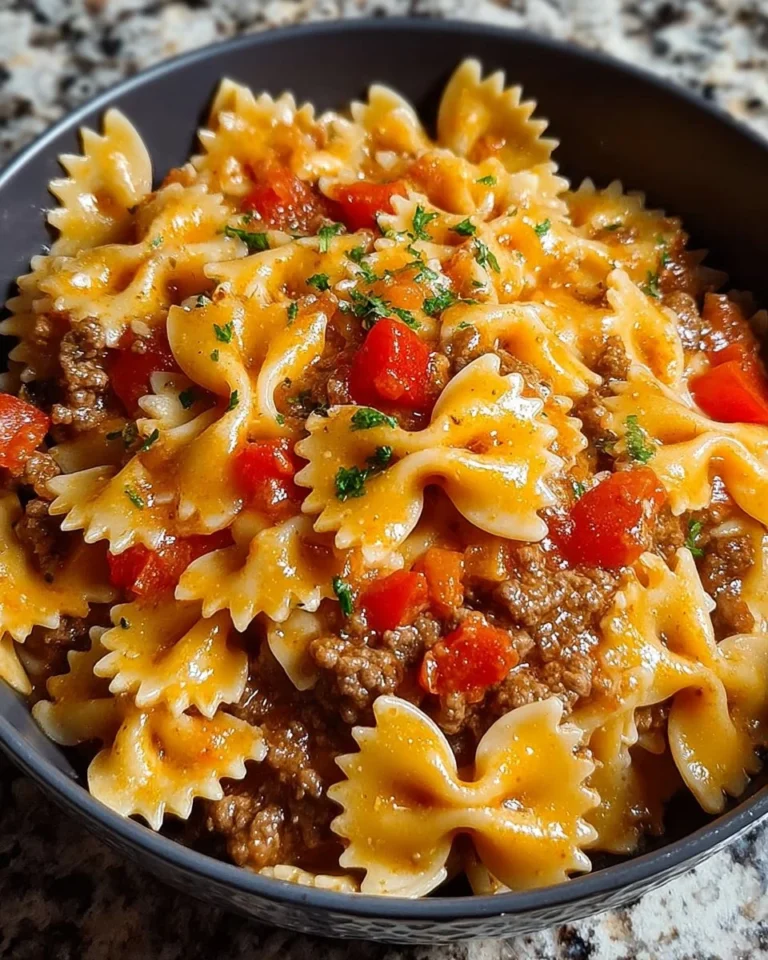 Creamy bowtie pasta dish with Velveeta cheese and ground beef