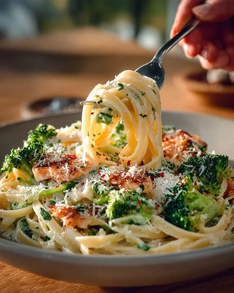 Creamy broccoli chicken pasta served in a bowl with fresh herbs