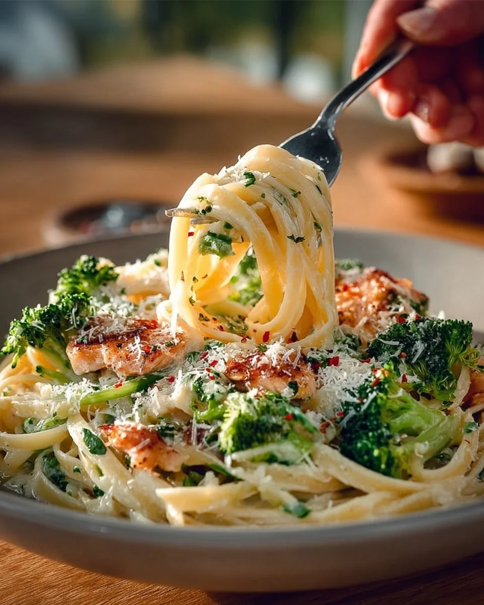 Creamy broccoli chicken pasta served in a bowl with fresh herbs