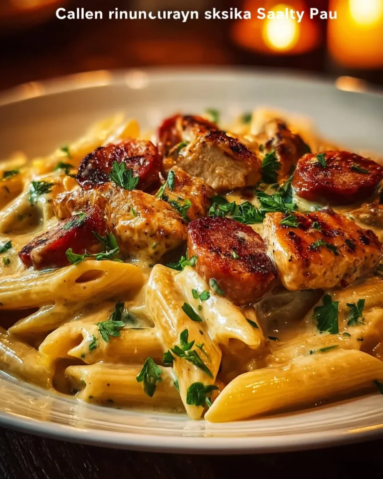 Delicious creamy Cajun chicken pasta skillet with sausage served on a plate