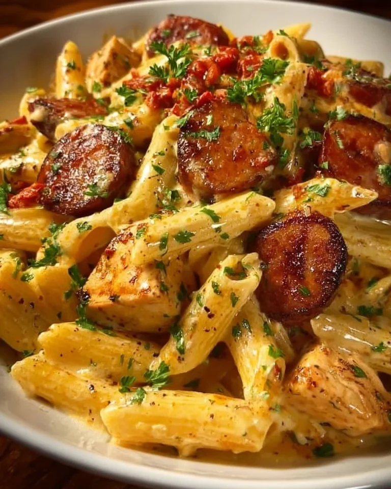 Creamy Cajun Chicken and Sausage Pasta Skillet dish served in a bowl