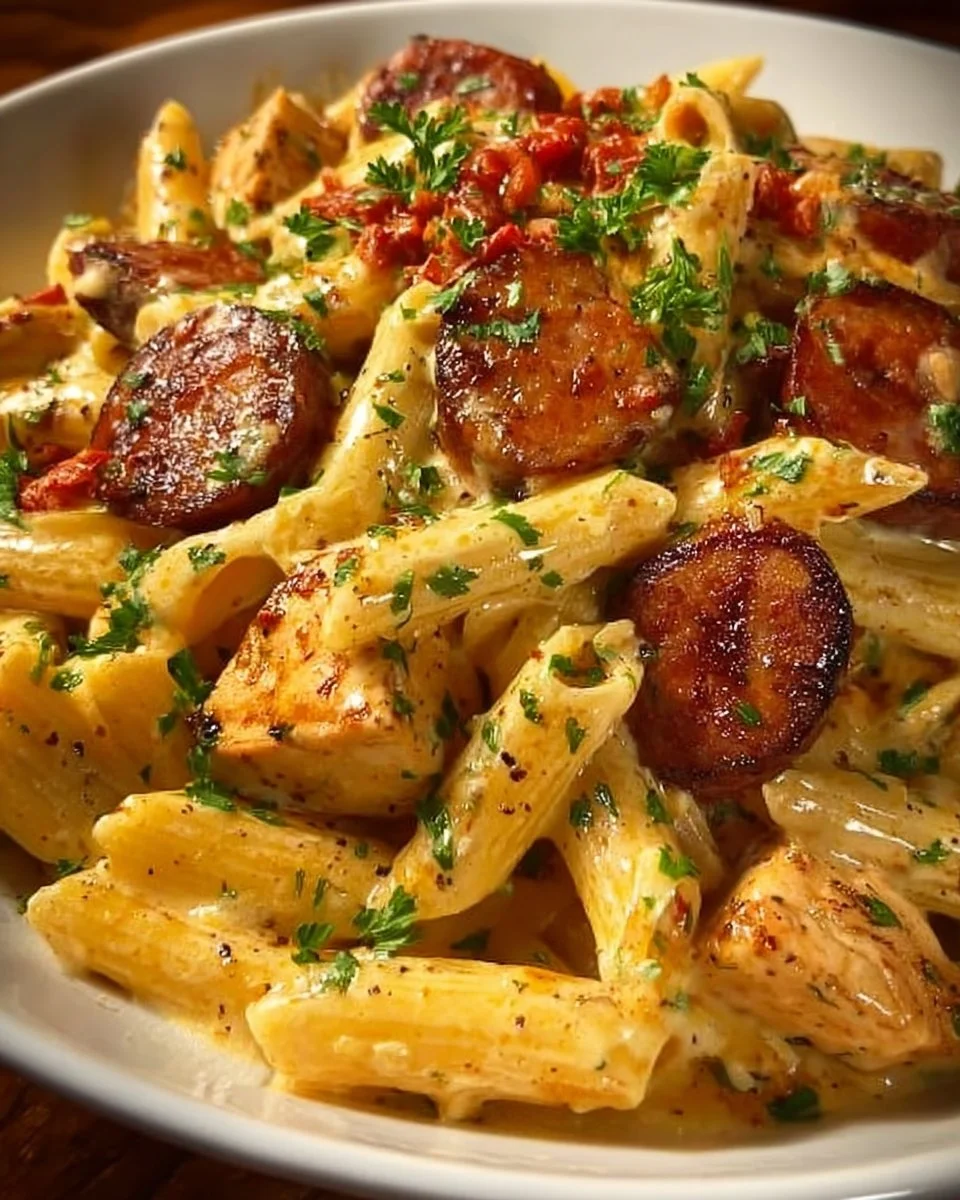 Creamy Cajun Chicken and Sausage Pasta Skillet dish served in a bowl